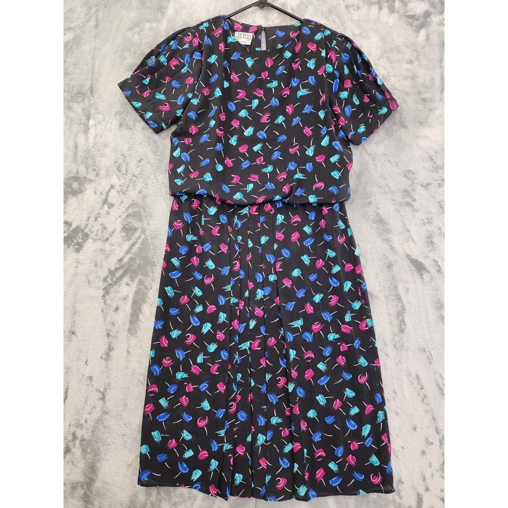 Vintage JB Too Dress‎ Womens 8 Black Abstract Floral Blouson Pleated Preppy 80s
